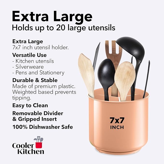 Rotating Extra Large Peach Plastic Utensil Holder Caddy with Sturdy No-Tip Weighted Base, Removable Divider, and Gripped Insert - Dishwasher Safe Kitchen Utensil Holder for Countertop