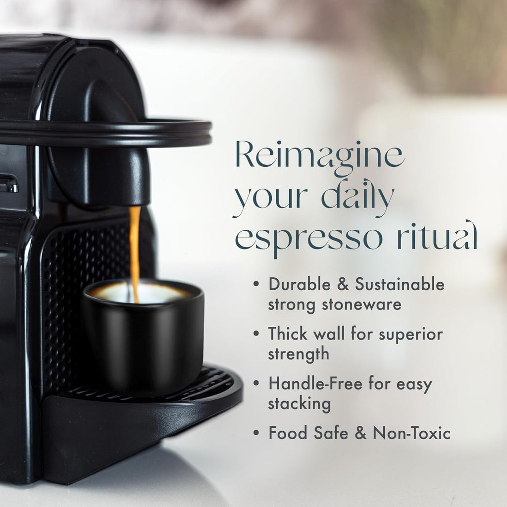 Folk Ceramics Leonard Ceramic Espresso Cups | Modern Stackable Demitasse Mugs for Espresso | Thick Walled, Handleless, Durable, Dishwasher & Microwave Safe | Set of 2, 3oz | Matte Black