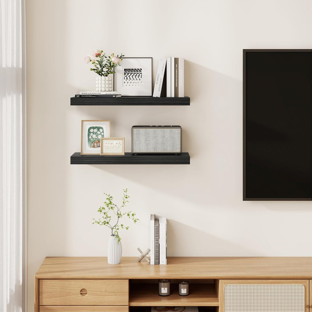 Fun Memories Rustic Floating Shelves for Home Decor, 8 Inch Deep Floating Shelf, Solid Wood Floating Wall Shelves 24 Inch Long, Deep Wall Shelves for Bathroom, Living Room, Black Finsh, Set of 2