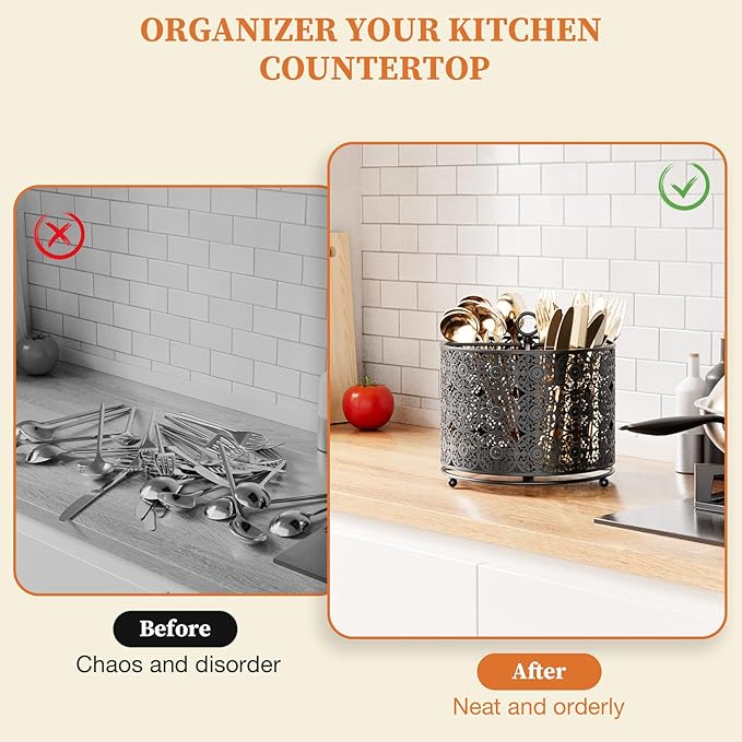 360° Rotating Utensil Caddy Countertop - Cutlery Silverware Caddy Holder with 4 Compartment - Higher Raised Flatware Organizer with Handle for Party Kitchen Counter Office Black