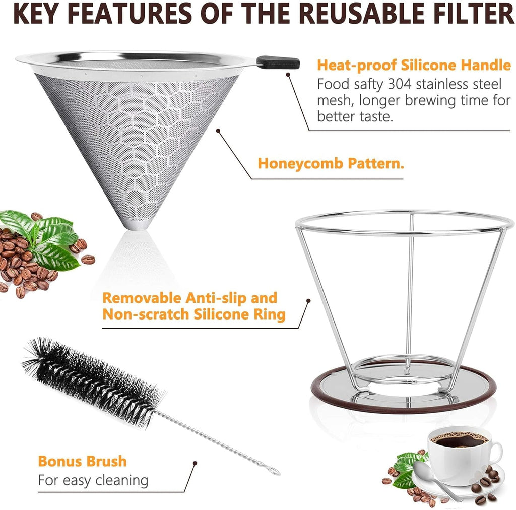 Pour Over Coffee Dripper, Reusable Stainless Pour Over Coffee Maker for (1-4 Cup), Easy to Clean Paperless Pour Over Coffee Maker, Fine Mesh Coffee Strainer with Stand and Bonus Brush