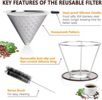 Pour Over Coffee Dripper, Reusable Stainless Pour Over Coffee Maker for (1-4 Cup), Easy to Clean Paperless Pour Over Coffee Maker, Fine Mesh Coffee Strainer with Stand and Bonus Brush