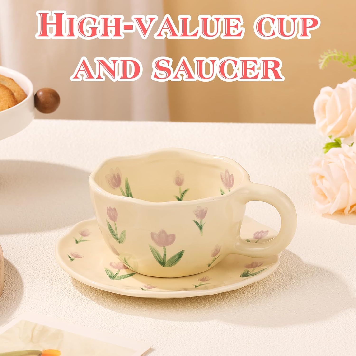 Cappuccino Cups with Saucers 8 oz Latte Art Cup Ceramics Coffee Mugs Irregular Aesthetic Flower Cups for Espresso, Double Shot, Americano, Latte, Tea - Microwave and Dishwasher Safe (Purple Tulips)