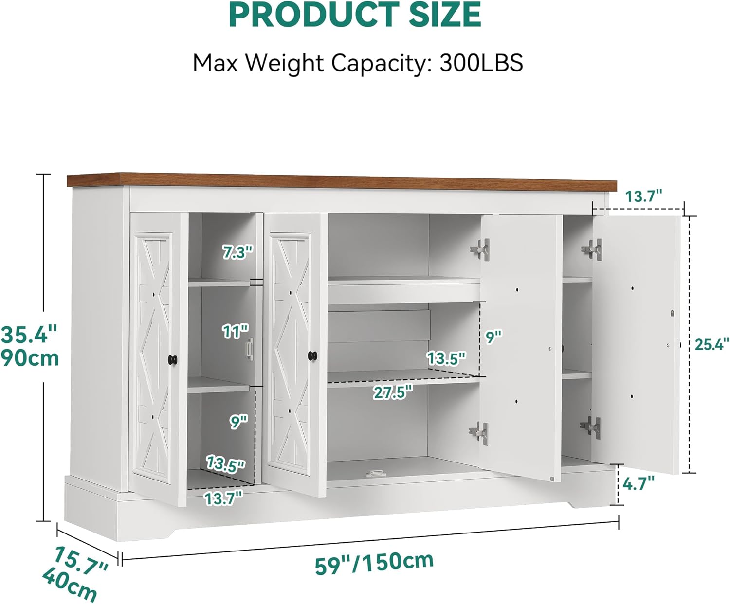 YITAHOME Sideboard Buffet Cabinet with Storage, 59" Buffet Storage with 4 Doors, Modern Farmhouse Coffee Bar Station Wood Kitchen Table with Adjustable Shelves for Kitchen, Living Room (White)
