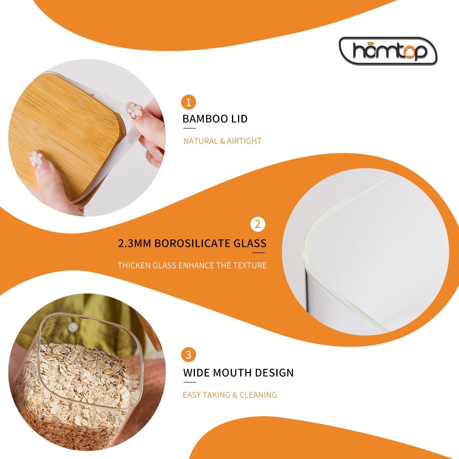 Glass Food Storage Containers with Lids, 25 Oz High Borosilicate Glass Jars for Coffee Bean, Candy, Cookie, Flour, Square