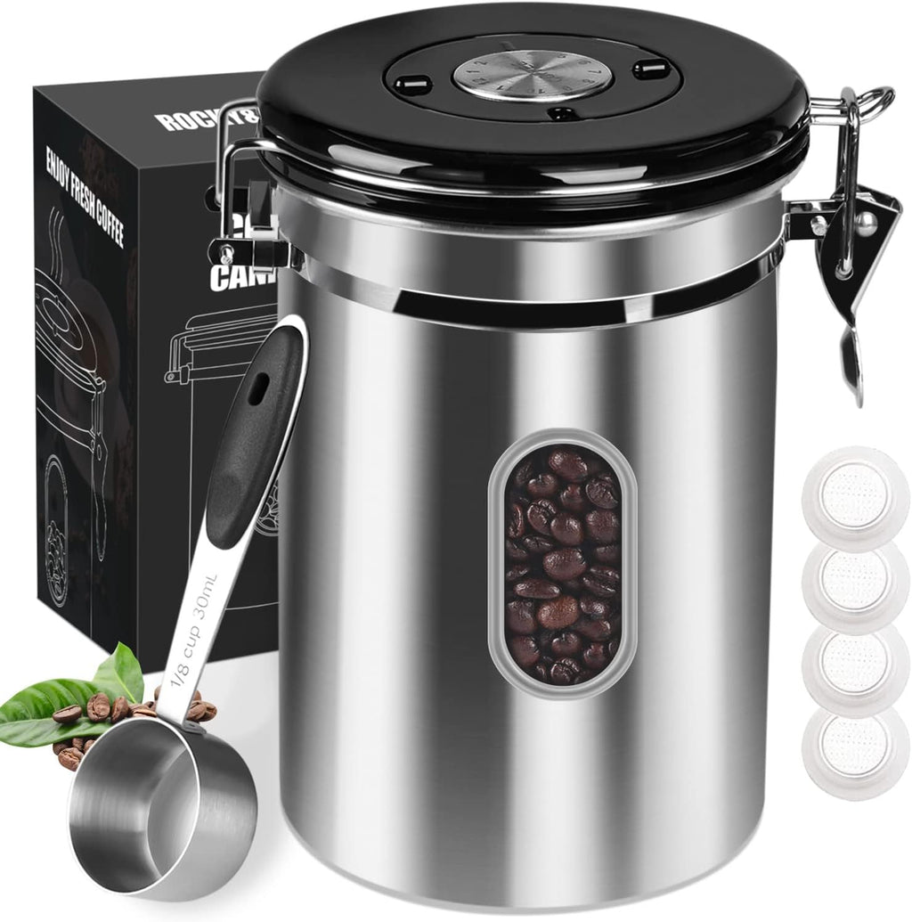 1800ML Airtight Coffee Canister with Date Tracker&Transparent Window, 22.8OZ Coffe Beans Storage with 30ML Measure Spoon&4 co2 Valve, Coffee Container for Grounds Coffee, Beans, Tea, Sugar(Silver)