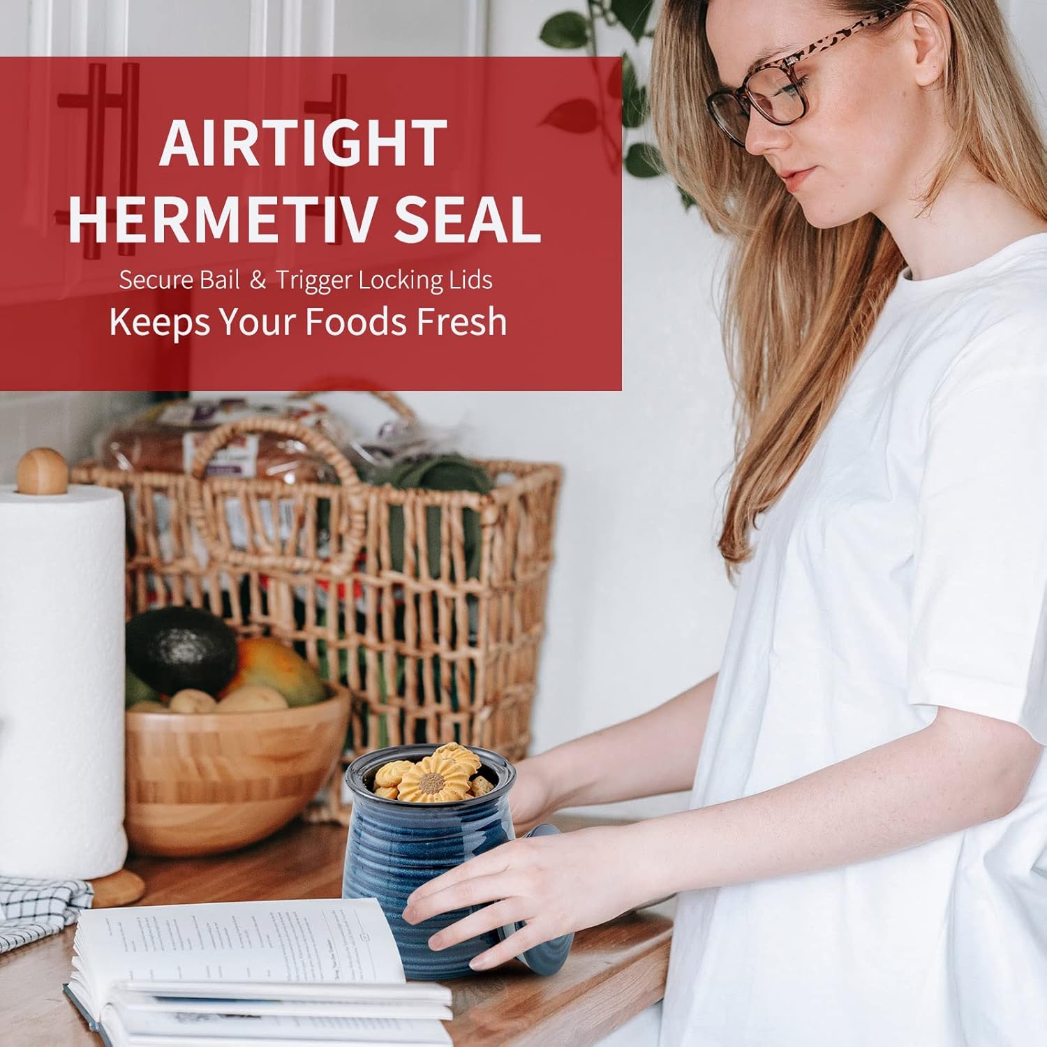 Hasense Ceramic Food Storage Jar, Coffee Canister with Lid, Cookie Candy Jar for Kitchen, Serving for Dog Treat Sugar Loose Tea Flour Coffee Beans Rice Snack Storage 30 FL OZ (Blue)