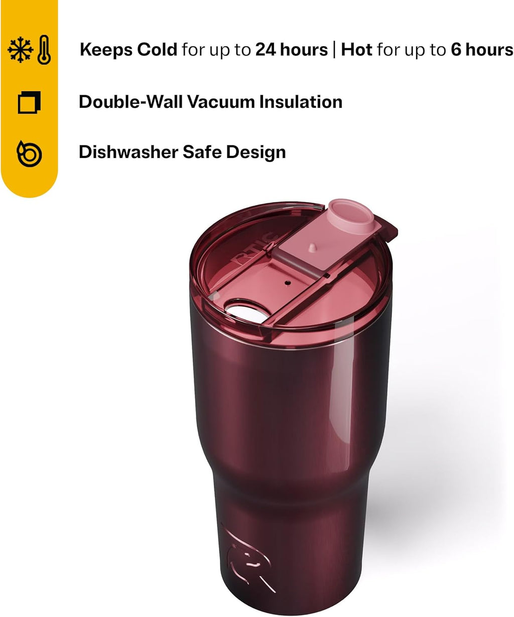 RTIC 30oz Essential Tumbler with Lid, Insulated, Stainless Steel, Metal, Double Wall Vacuum-Insulation, Ceramic Lined, Travel Cup for Iced Coffee, Tea, Hot and Cold Drink, Vintage Rose Metallic