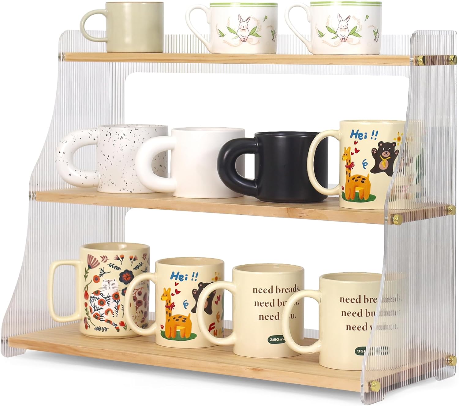 Coffee Mug Holder Wooden Cup Rack,3-Tier Acrylic Home Coffee Mug Display Rack for Kitchen Countertops, Coffee Bars, for Placing Mugs, Coffee Beans, Syrup, Cups, Stirrers ﻿