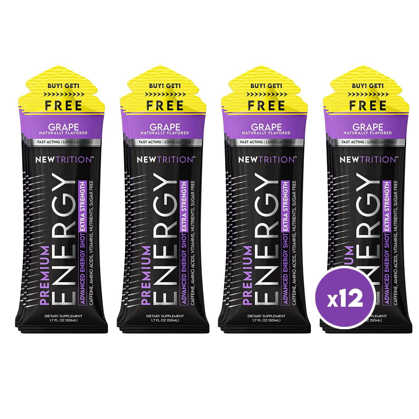 NewTrition® Extra Strength Energy Shots, 250mg Caffeine Energy Shots with Vitamin B & Amino Acids, Sugar-Free Vitamin Energy Shot, 1.7 fl oz (Pack of 12, Grape)