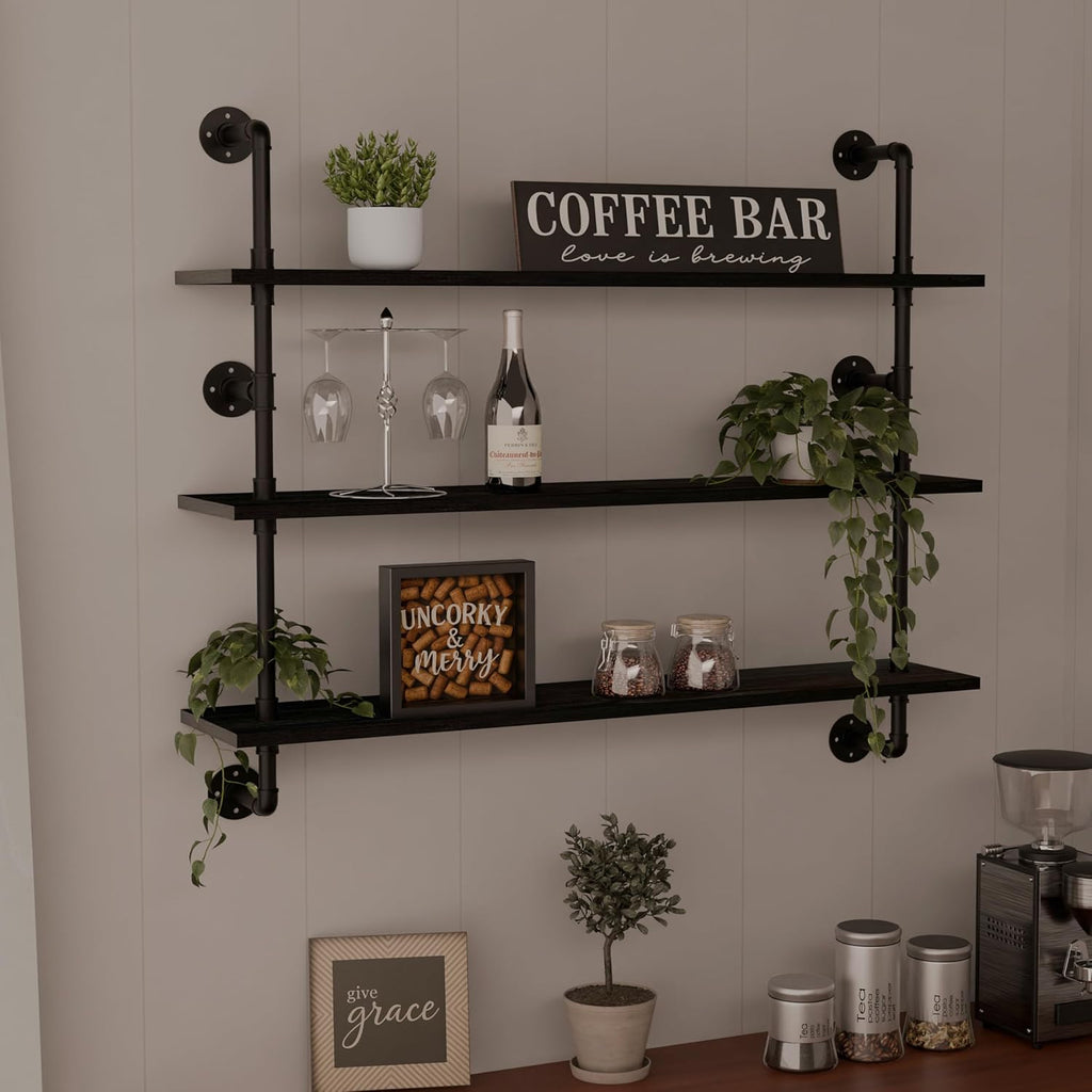 Industrial Pipe Shelving Rustic Black Wall Shelves with Wood Planks Industrial Floating Shelves 48 Inch Farmhouse Bookshelf Pipe Shelves Wall Mounted