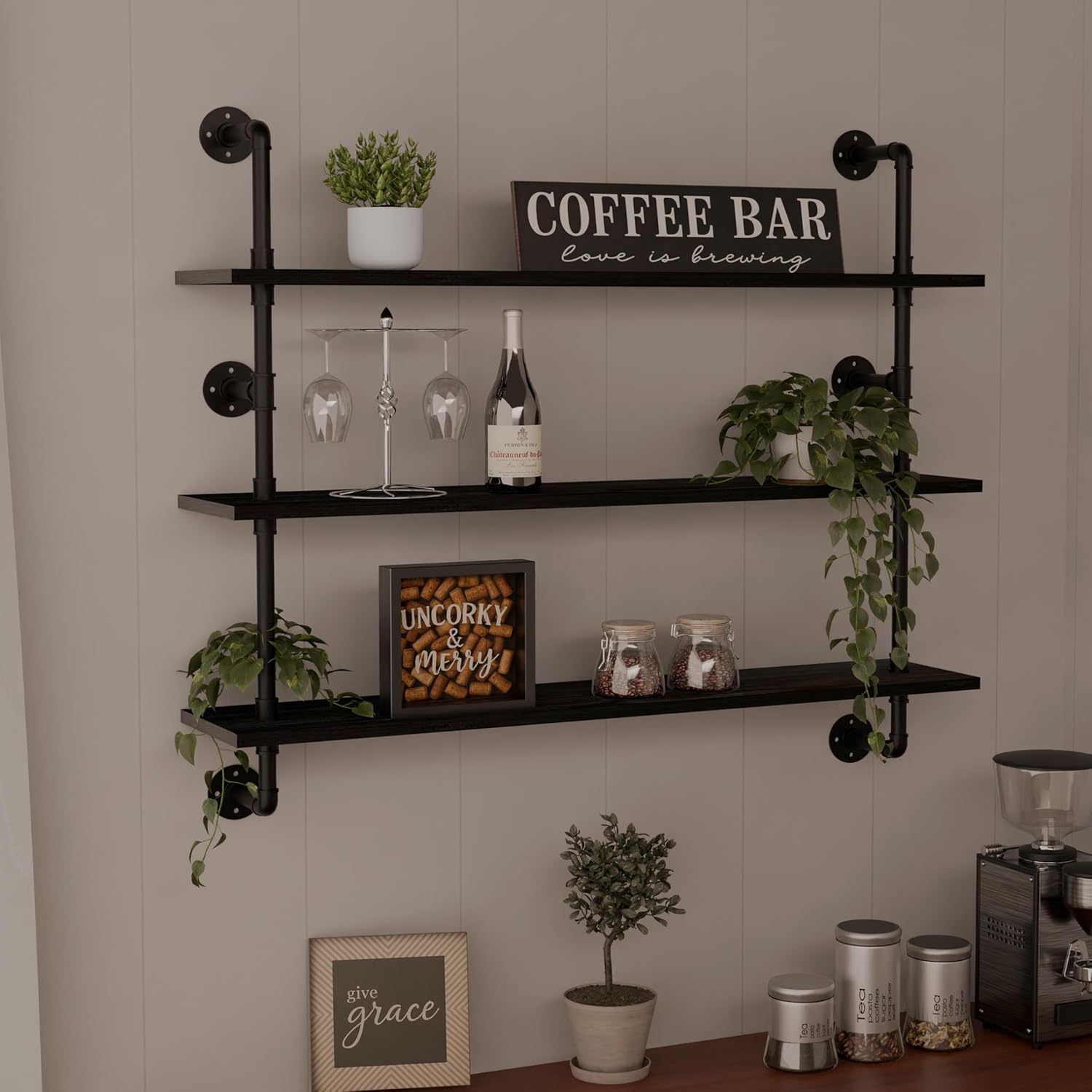 Industrial Pipe Shelving Rustic Black Wall Shelves with Wood Planks Industrial Floating Shelves 48 Inch Farmhouse Bookshelf Pipe Shelves Wall Mounted