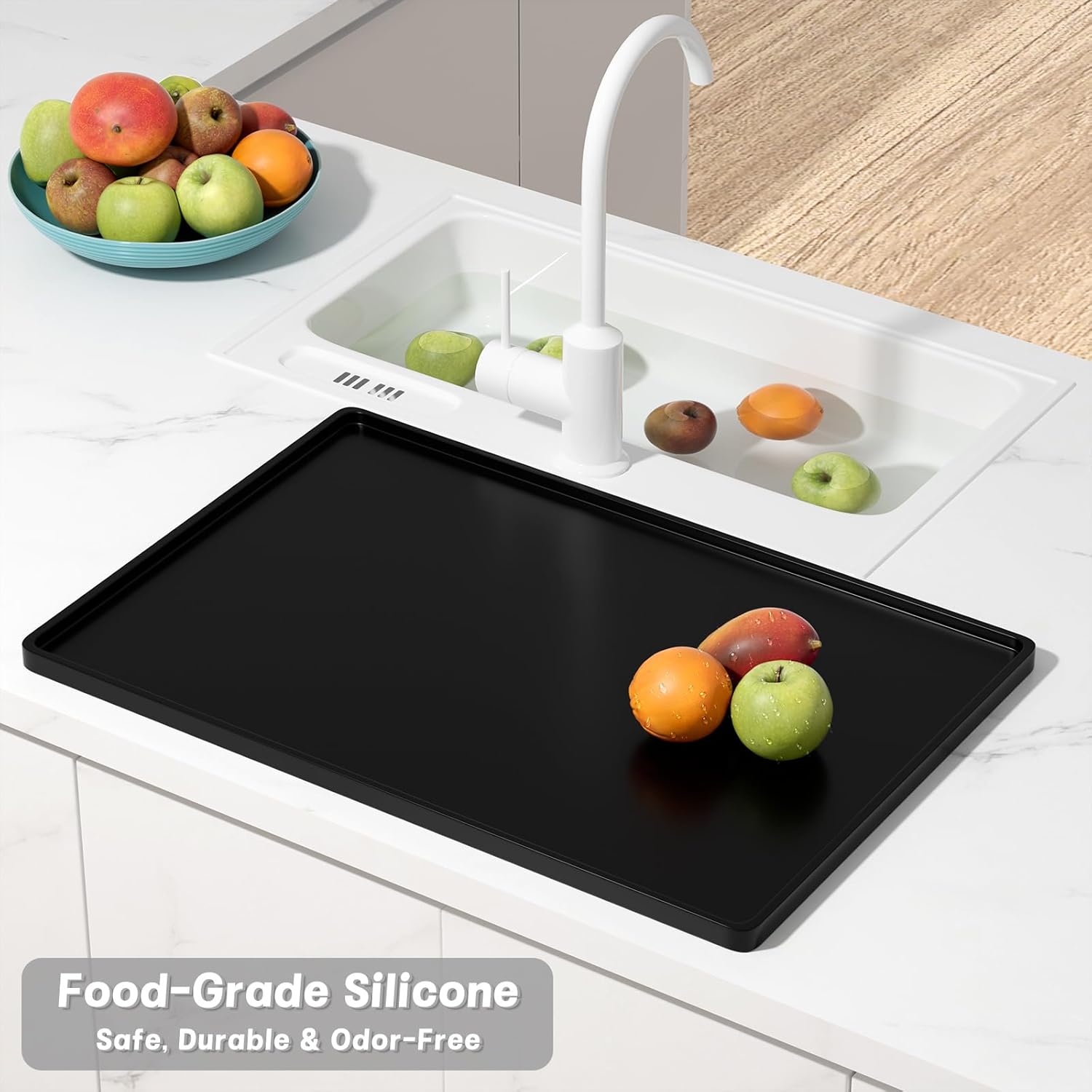 Rnivvi Silicone Coffee Mat, 12" x 19" Waterproof Raised Edge Coffee Bar Mats for Espresso Machine Station Accessories, Heat Resistant Dish Drying Pad for Kitchen Counter, Rubber Bar Decor Pad, Black