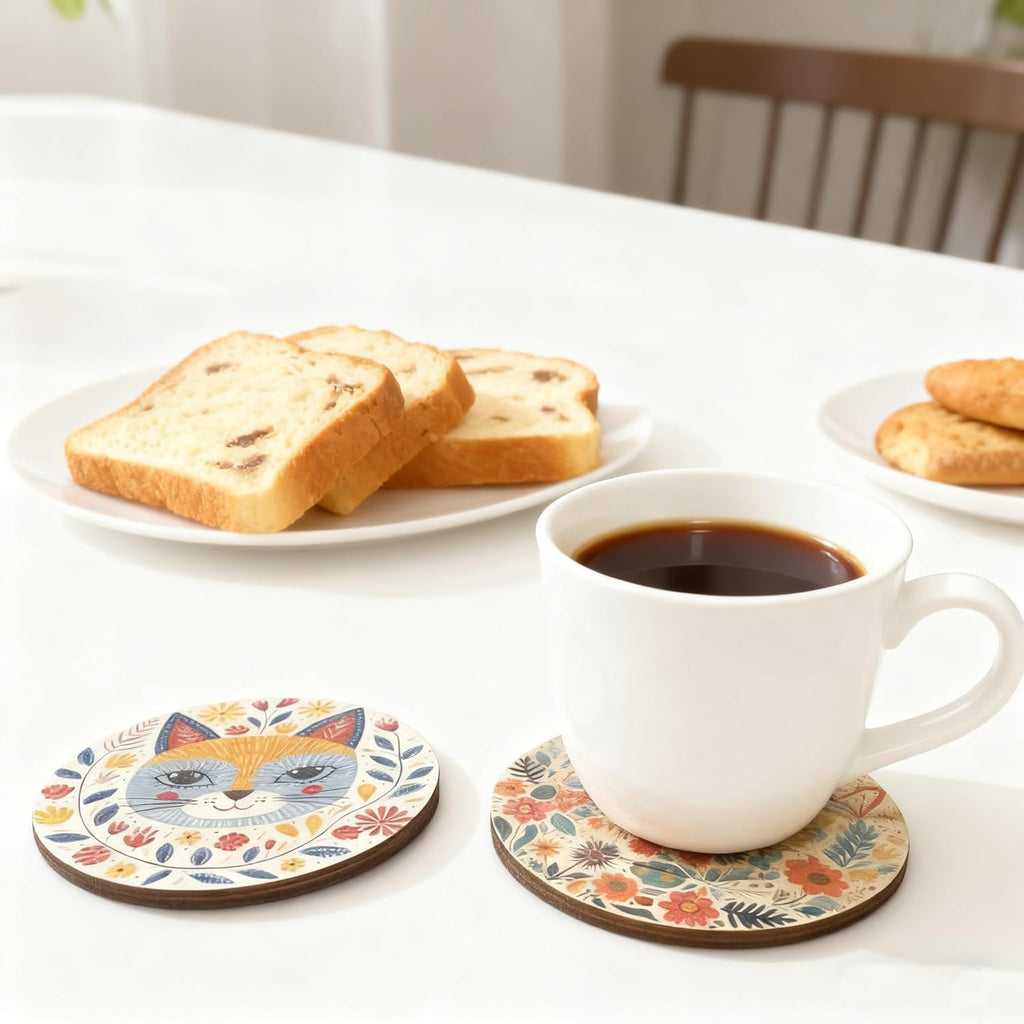 Wood Coasters Set of 6 - Handcrafted Drink Coaster Thick Heat-Resistant for Office, Bar, Farmhouse - Cute Cat Drink Cup Coasters for Table Protection