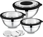 E-far Mixing Bowls with Lids and Graters, Stainless Steel Salad Mixing Bowl with Transparent Lid Set of 3, Metal Nesting Salad Storage for Kitchen Prepping/Serving/Baking, 4.6/2.6/1.5QT - Black