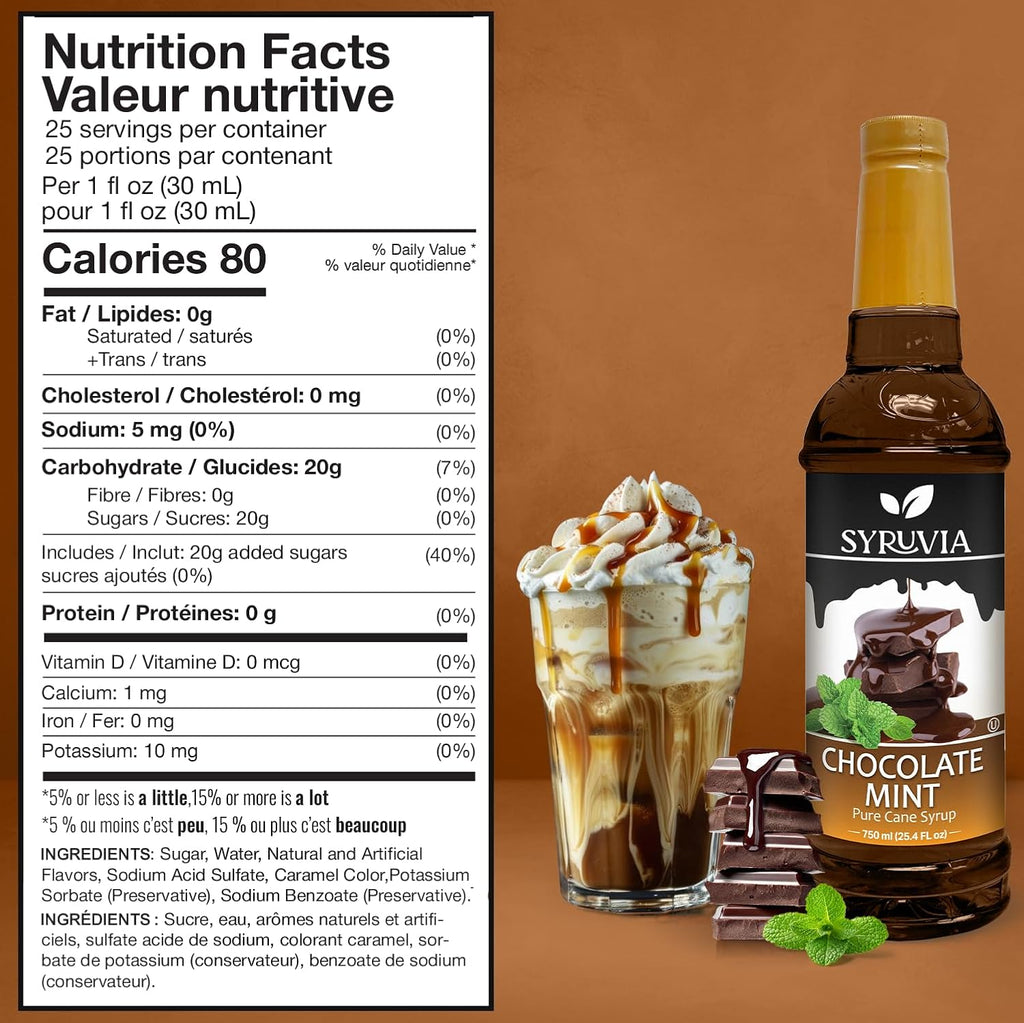 Syruvia Chocolate Mint Coffee Syrup - 25.4 fl oz - Kosher Coffee Syrups, Gluten Free, No Coloring, Perfect for Drinks, Soda, Shakes, Desserts, and More.