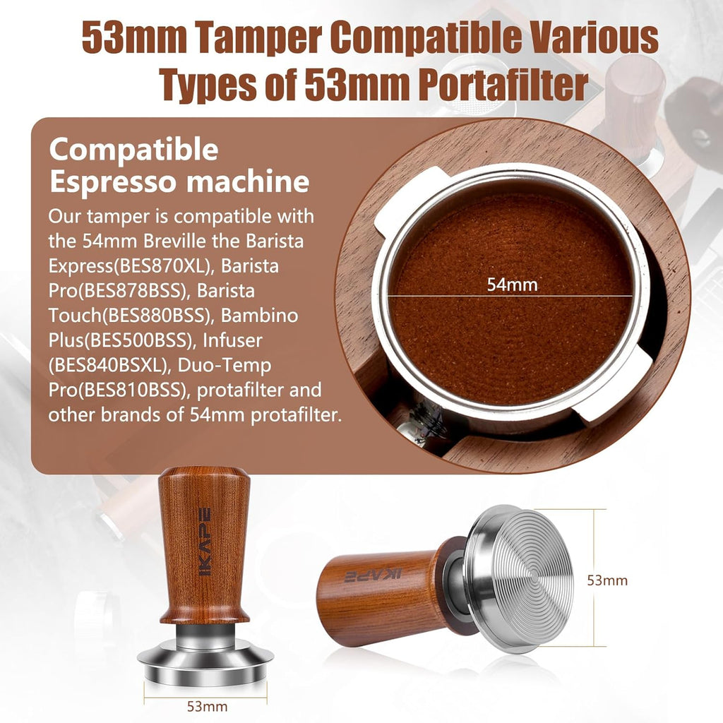 IKAPE 53.3mm Espresso Coffee Tamper, Spring-loaded Calibrated Tamper with Premium Stainless Steel, Newly Upgraded Walnut Tamper Compatible with 54 Breville Espresso Machine Bottomless Portafilter