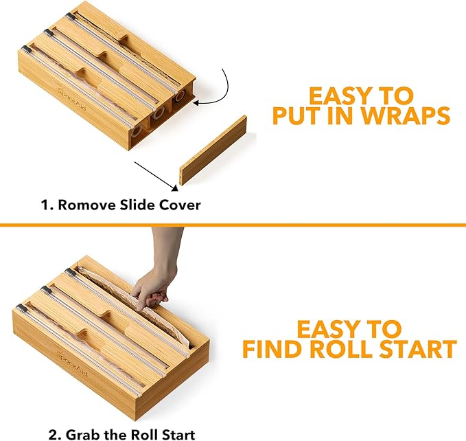 SpaceAid WrapNeat 3 in 1 Wrap Organizer with Cutter and Labels, Plastic Wrap, Aluminum Foil and Wax Bamboo Dispenser for Kitchen Storage Organization Holder for 12" Roll (Natural)