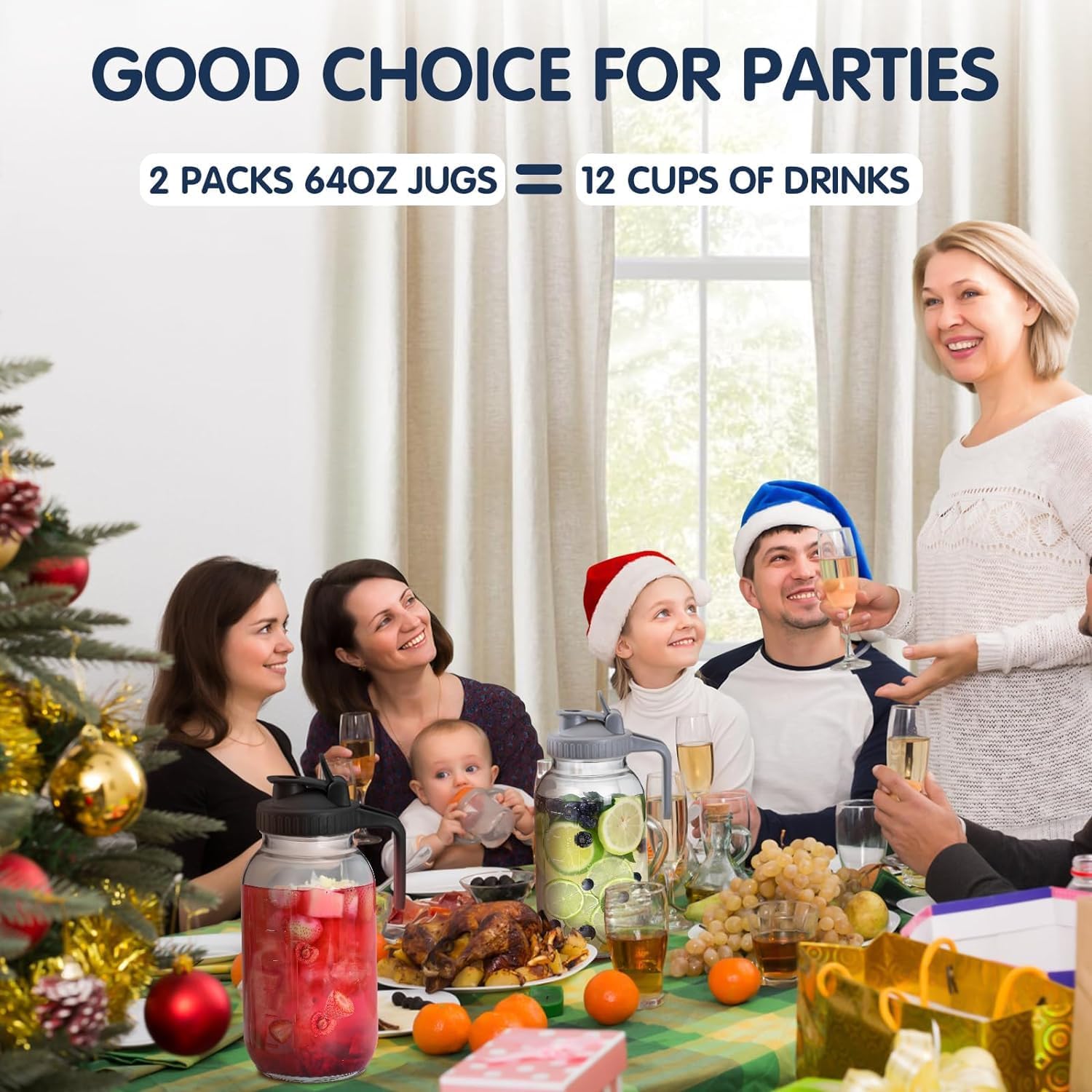 64OZ Glass Pitchers with Lid, Wide Mouth Water Jugs, Leak-Proof Airtight Mason Jars for Cold Brew Coffee, Iced tea, Milk, Food Storage, Sun Tea Jar (Grey)