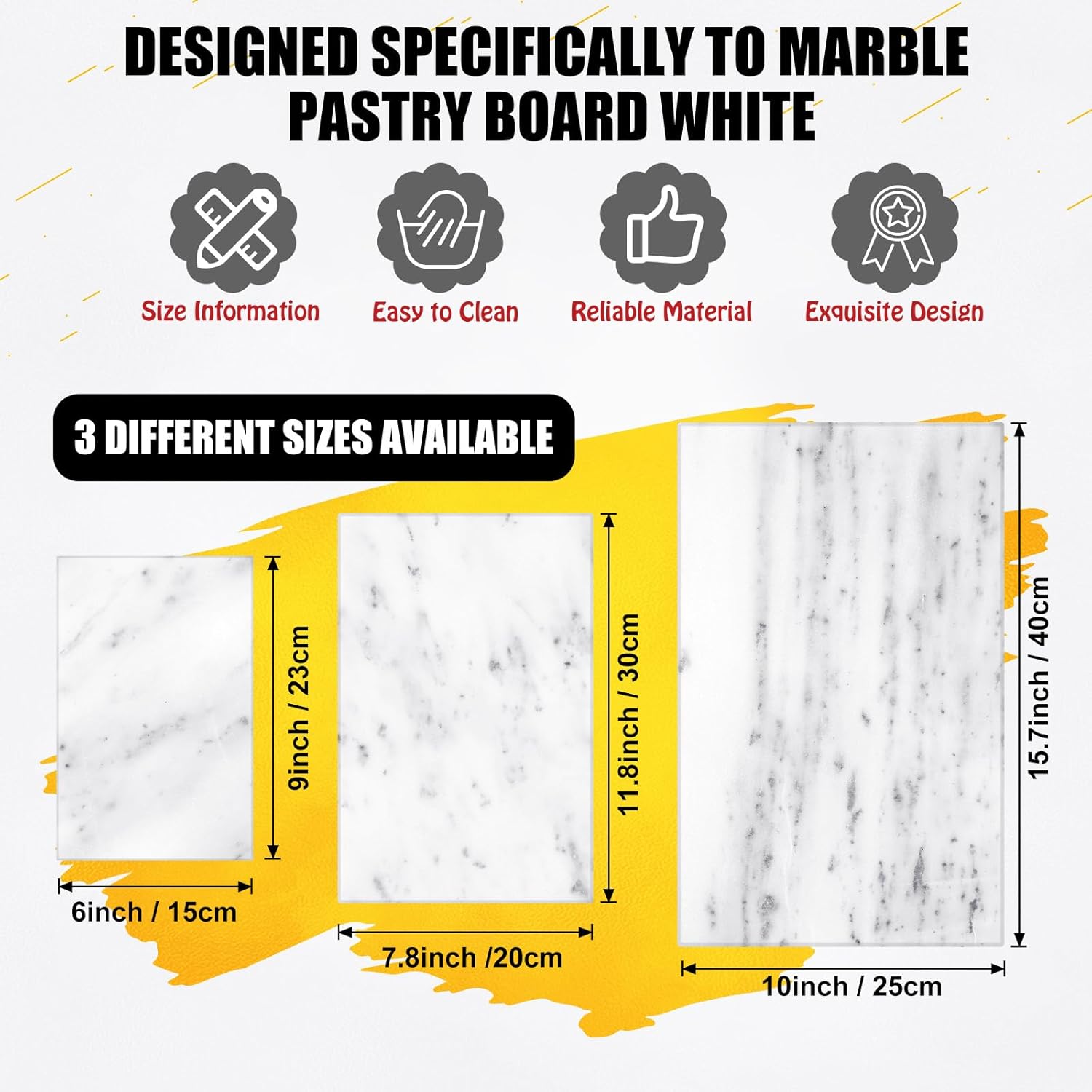 Hushee White Marble Board for Kitchen Marble Serving Tray 3 pcs Different Sizes 9 x 6'' 12 x 8'' 16 x 10'' and Non Slip Feet Pastry Cheese Tray Cutting Board for Pizza Bread Cake Baking Display
