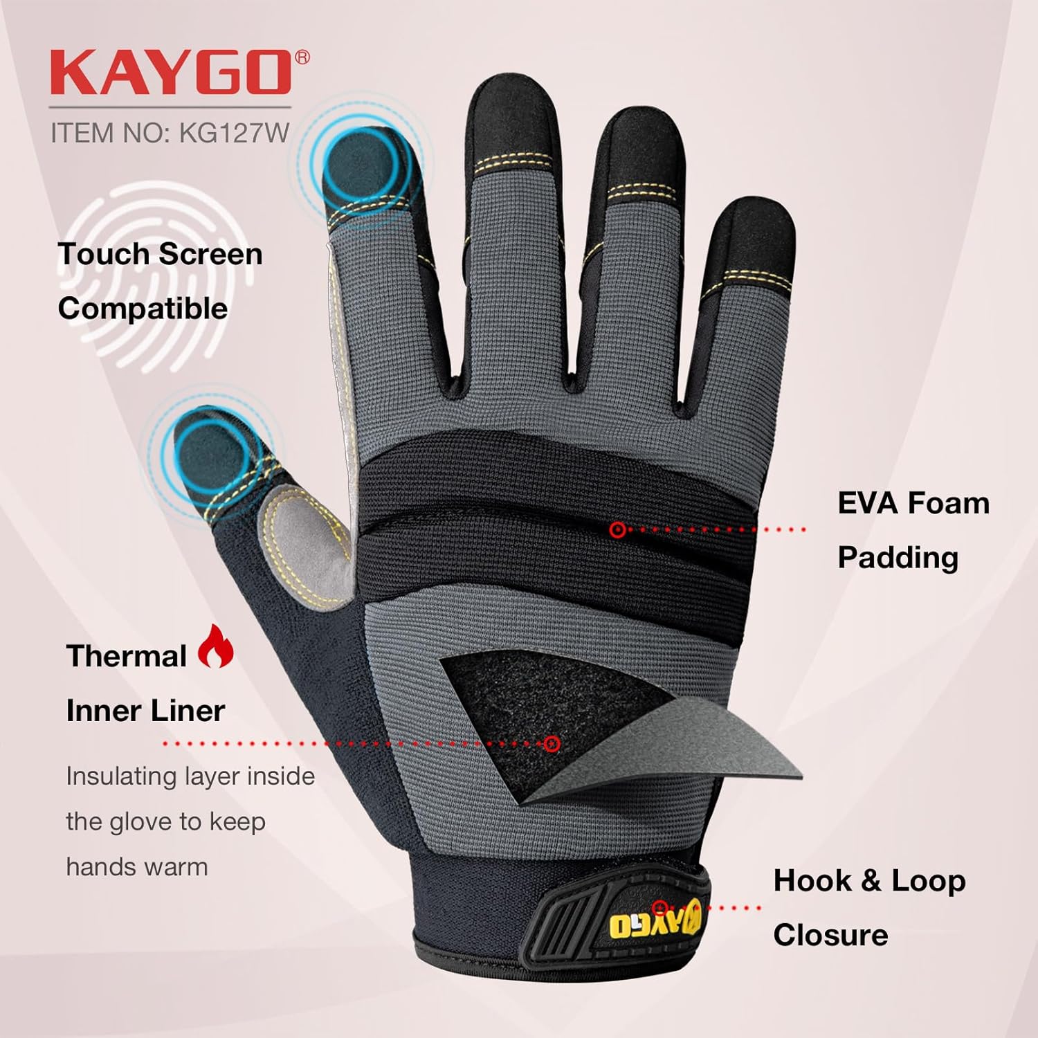 KAYGO Insulated Mechanic Work Gloves,3 Pairs KG127W Winter Thermal Safety Work Gloves for Men and Women, Double Lining,Heavy duty,Improved dexterity,Excellent Grip,Ideal for outdoor jobs,M