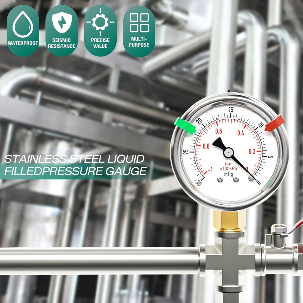 -30inHG~0Psi Stainless Steel Liquid Filled Pressure Gauge, 2.5" Dial Size, 1/8" NPT Lower Mount, for Tube, Water Pump, Gas, Liquid, Pressure Test (with Range Mark Pointer)