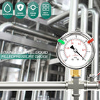 -30inHG~0Psi Stainless Steel Liquid Filled Pressure Gauge, 2.5" Dial Size, 1/8" NPT Lower Mount, for Tube, Water Pump, Gas, Liquid, Pressure Test (with Range Mark Pointer)