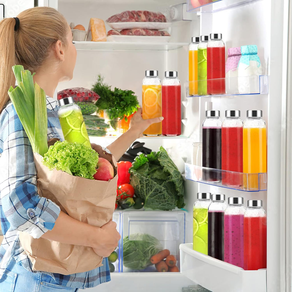 Clear Glass Bottles with Lids 18 oz, Reusable Glass Water Bottles with Stainless Steel Cap for Juicing,Refrigerator,100% Leak Proof, BPA Free, Juice Water Bottle Set of 12