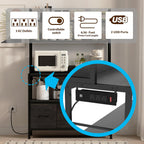 Bakers Rack with Power Outlet,5-Tier Free Standing Kitchen Storage Shelf Bakers Rack with Baskets,Industrial Microwave Oven Stand,Metal Kitchen Rack Organizer with Hooks(Black)