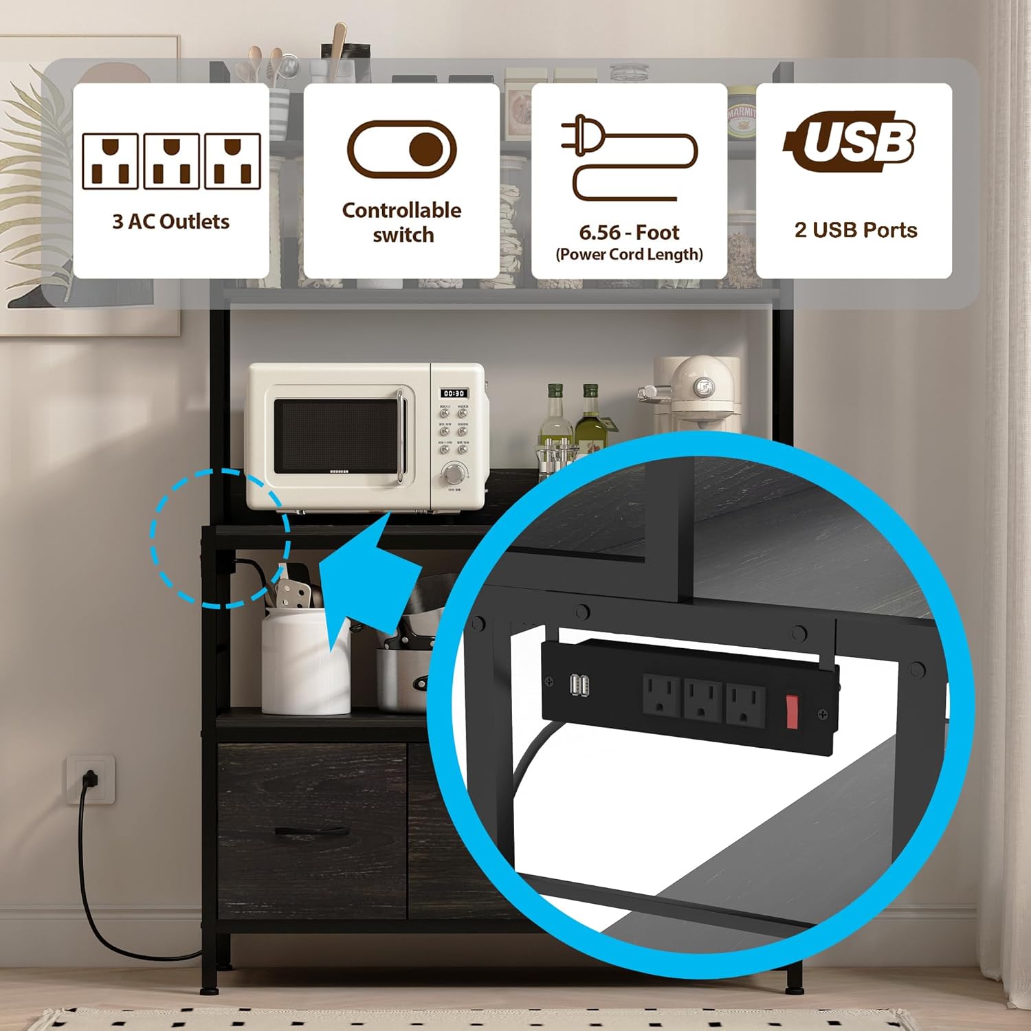 Bakers Rack with Power Outlet,5-Tier Free Standing Kitchen Storage Shelf Bakers Rack with Baskets,Industrial Microwave Oven Stand,Metal Kitchen Rack Organizer with Hooks(Black)