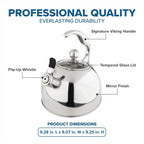 Viking 3-Ply Stainless Steel Tea Kettle, 2.6 Quart Stovetop Hot Water Pot with Tempered Glass Lid, Ergonomic Handle, Induction Ready, Mirror Finish