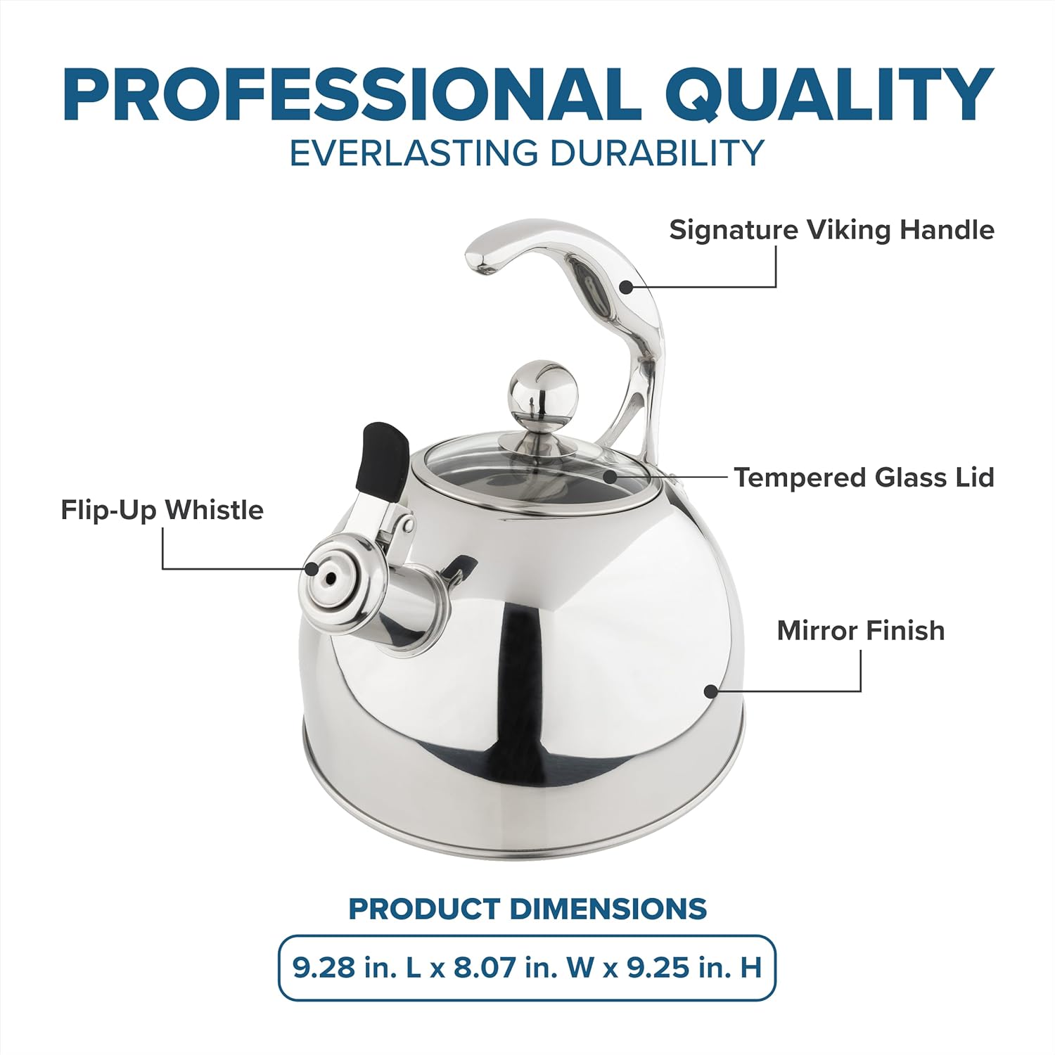 Viking 3-Ply Stainless Steel Tea Kettle, 2.6 Quart Stovetop Hot Water Pot with Tempered Glass Lid, Ergonomic Handle, Induction Ready, Mirror Finish