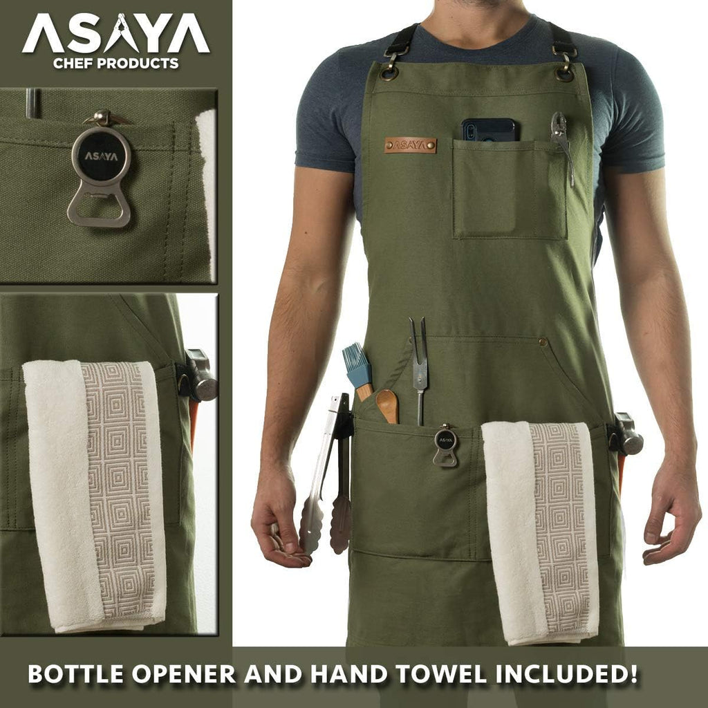 Asaya Chef and BBQ Apron with Bottle Opener and Hand Towel - 10oz Cotton Canvas, Stainless Steel Hardware - Cross Back Straps