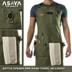 Asaya Chef and BBQ Apron with Bottle Opener and Hand Towel - 10oz Cotton Canvas, Stainless Steel Hardware - Cross Back Straps