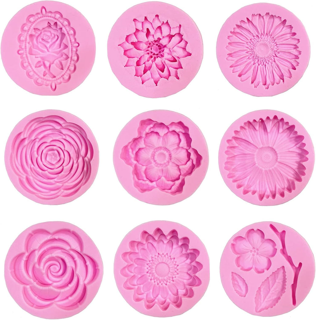 9 Pcs Flowers Fondant Molds Silicone Molds for Cupcake Dessert Chocolate Jelly Cookie Decor, Jewelry, Pastry, Chocolate,Handmade Soap Mould Candy Making