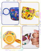 Ceramic Espresso Cups Set of 2 – Mini 3 oz Double Espresso Coffee Cups Small Espresso Shot Cups with Cute Q Handle, Gift for Coffee Lovers, Floral and fruit Patterns-White