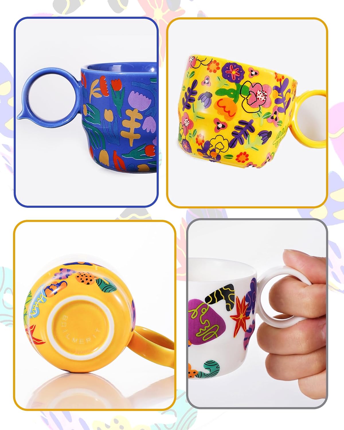 Ceramic Espresso Cups Set of 2 – Mini 3 oz Double Espresso Coffee Cups Small Espresso Shot Cups with Cute Q Handle, Gift for Coffee Lovers, Floral and fruit Patterns-White