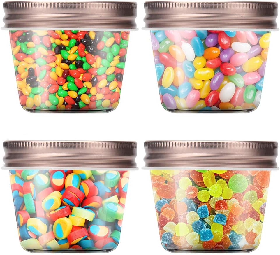 novelinks 4 oz Clear Plastic Jars with Rose Gold Lids – Small Round Refillable Storage Containers for Spices, Food, Crafts, and DIY Gifts – BPA-Free, Leakproof, 20 Pack