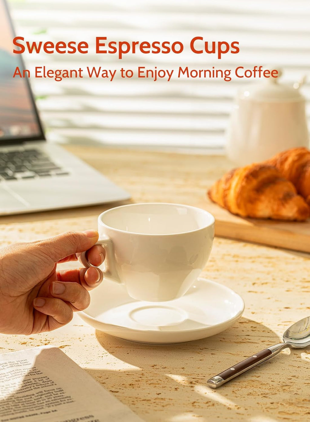 Sweese 6 Ounce Cappuccino Cups with Saucers, Porcelain Double Espresso Cups Set of 6 - White