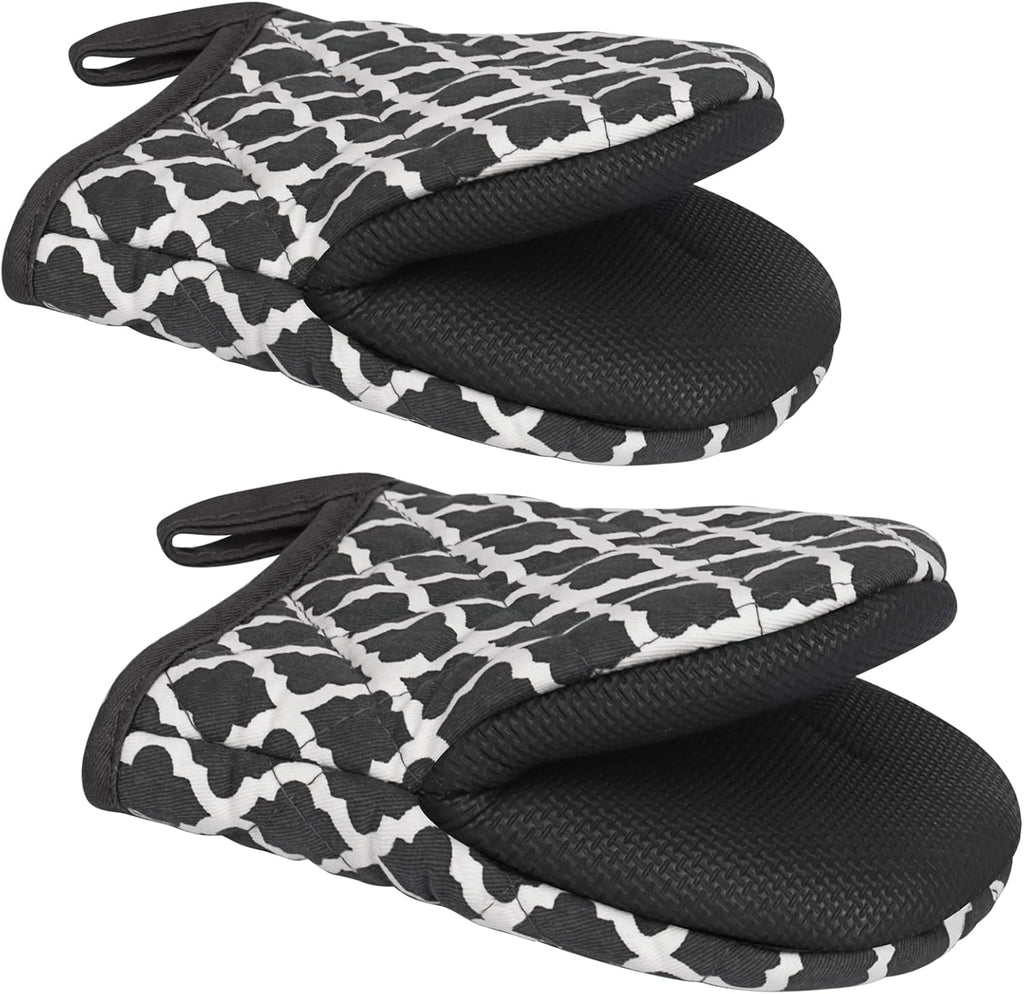 1 Pair Short Oven Mitts, Heat Resistant Silicone Kitchen Mini Oven Mitts for 500 Degrees, Non-Slip Grip Surfaces and Hanging Loop Gloves, Baking Grilling Barbecue Microwave Machine Washable