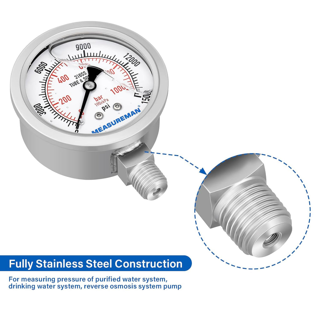 MEASUREMAN Fully Stainless Steel Hydraulic Glycerin Filled Pressure Gauge, 2-1/2" Dial Size,0-15000psi/bar,1/4" NPT Lower Mount