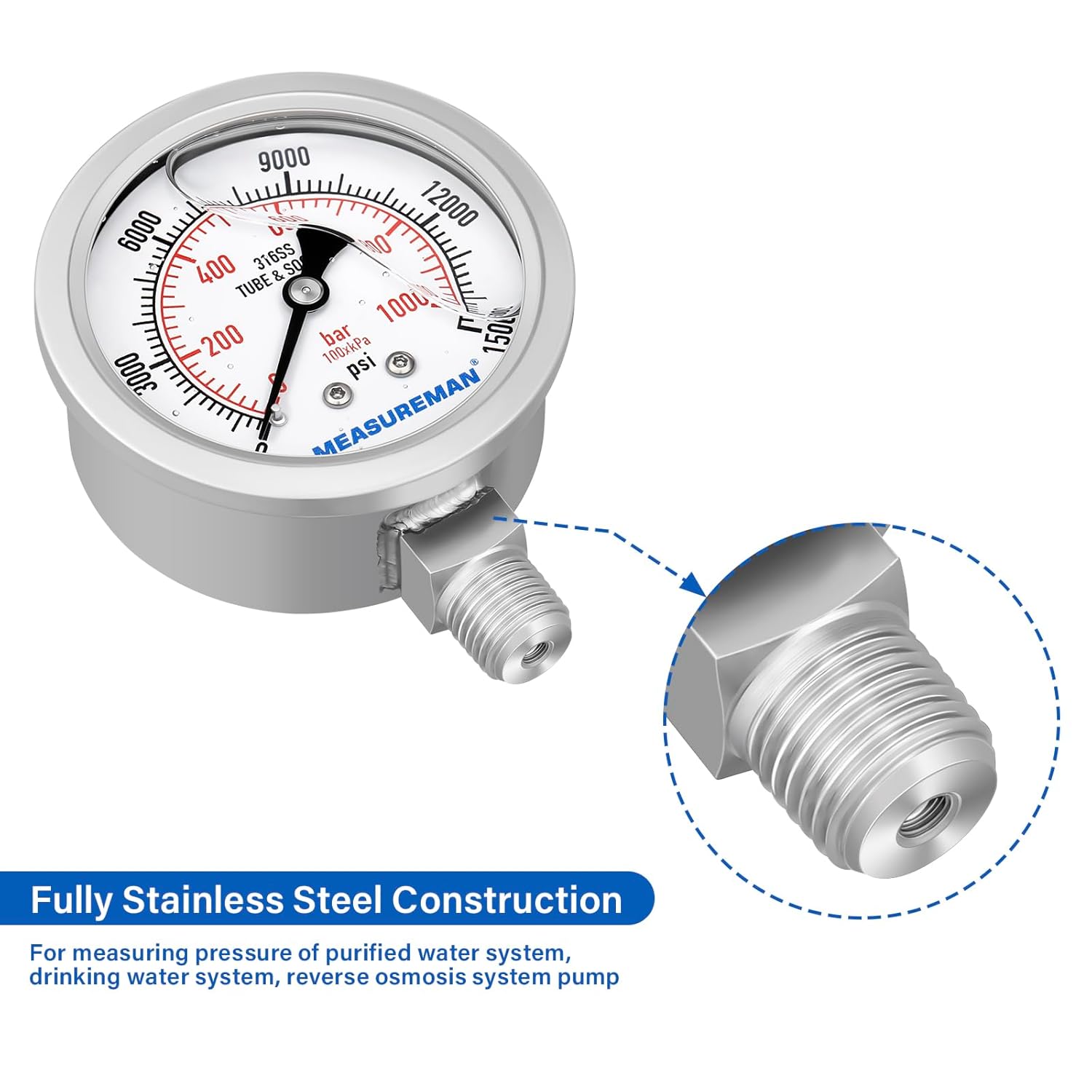 MEASUREMAN Fully Stainless Steel Hydraulic Glycerin Filled Pressure Gauge, 2-1/2" Dial Size,0-15000psi/bar,1/4" NPT Lower Mount