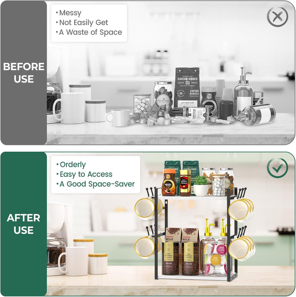 EsLuker.ly 2 Tier Coffee Mug Holder Station Bar Organizer Countertop, Mug Cup Tree Rack for Kitchen Office, Storage Shelf with 12 Hooks, Creat Stylish Coffee Corner, White-Black