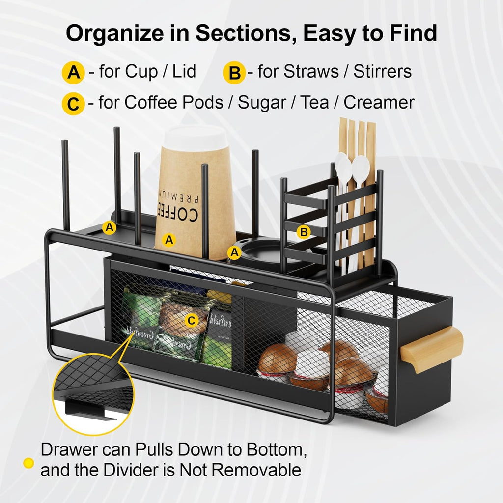 GSlife Cup and Lid Holder with Drawer - Metal Coffee Cup Dispenser with Straw Organizer, Narrow Coffee Bar Station for Countertop Kitchen Breakroom, Black
