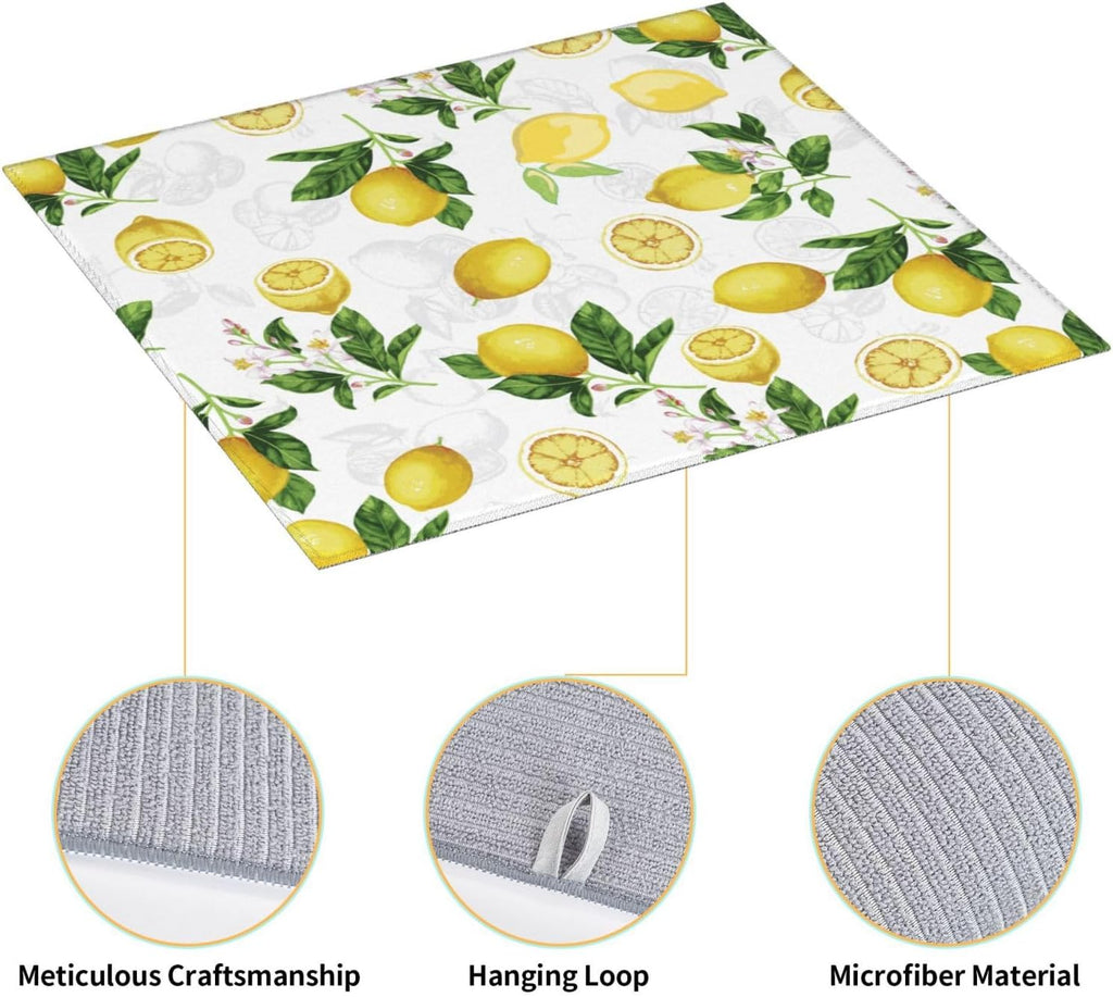 Lemon And Leaves Dish Drying Mat, Highly Absorbent Microfiber Kitchen Counter Pad Reusable Washable, 16*18"