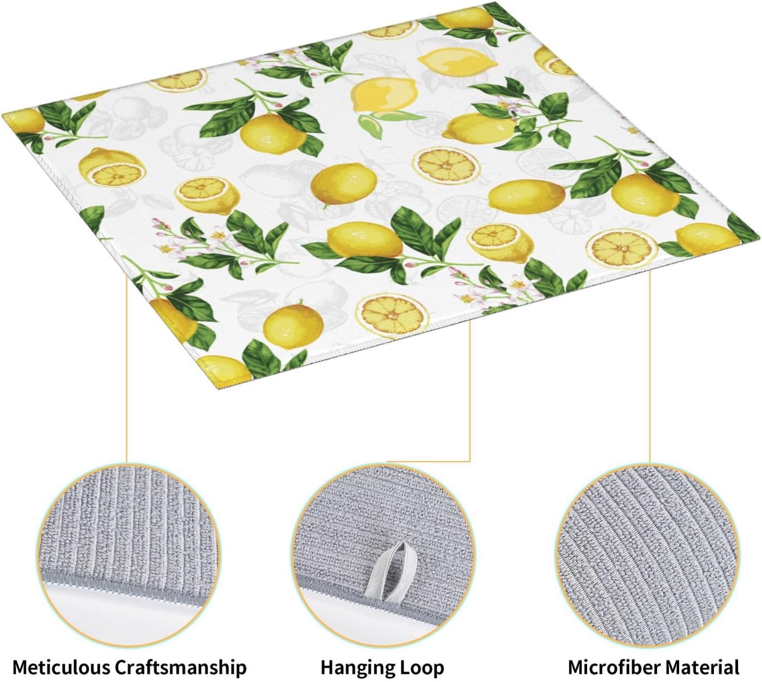 Lemon And Leaves Dish Drying Mat, Highly Absorbent Microfiber Kitchen Counter Pad Reusable Washable, 16*18"