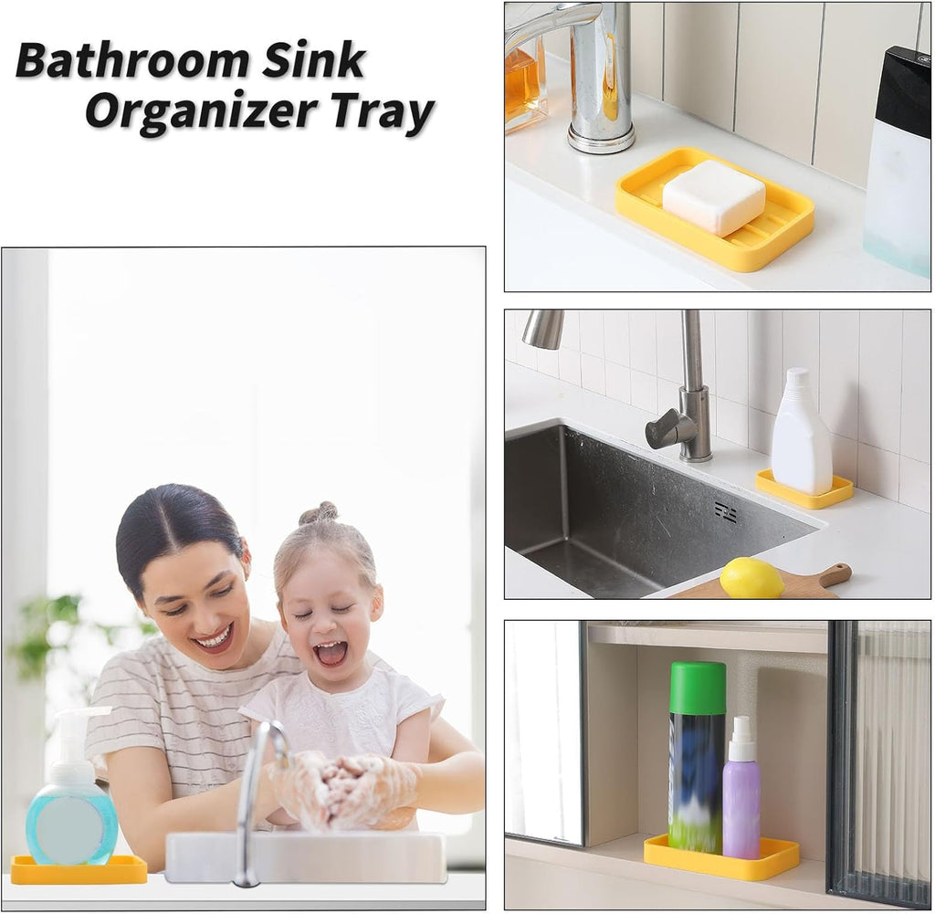 Silicone Kitchen Sink Organizer Tray for Multiple Usage,Easy Clean Sponges Holder for Kitchen Bathroom Counter or Sink,Dish Soap Dispenser,Scrubber,Bottle,Cup Yellow 4.9”x 3.2”