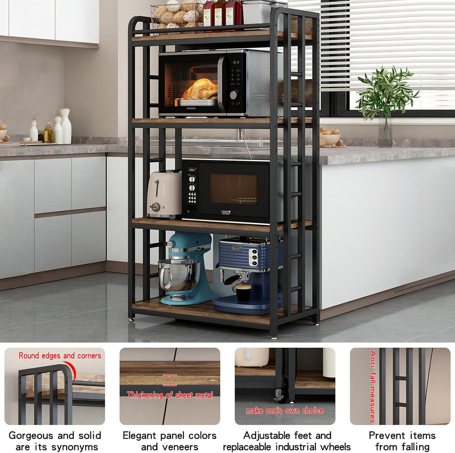 Adjustable 4-Tier Heavy Duty Kitchen Baker's Rack with Power Outlet, with Industrial Wheels, Free Standing Microwave Oven Cart Stand for Storage in Living Room, Garage, Rustic Brown
