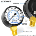 MEANLIN MEASURE 0-200Psi Well Pump Pressure Gauge 1/4" NPT 2" FACE DIAL for Air Compressor Air Regulator Water Filter Lower Mount, with Teflon Tape