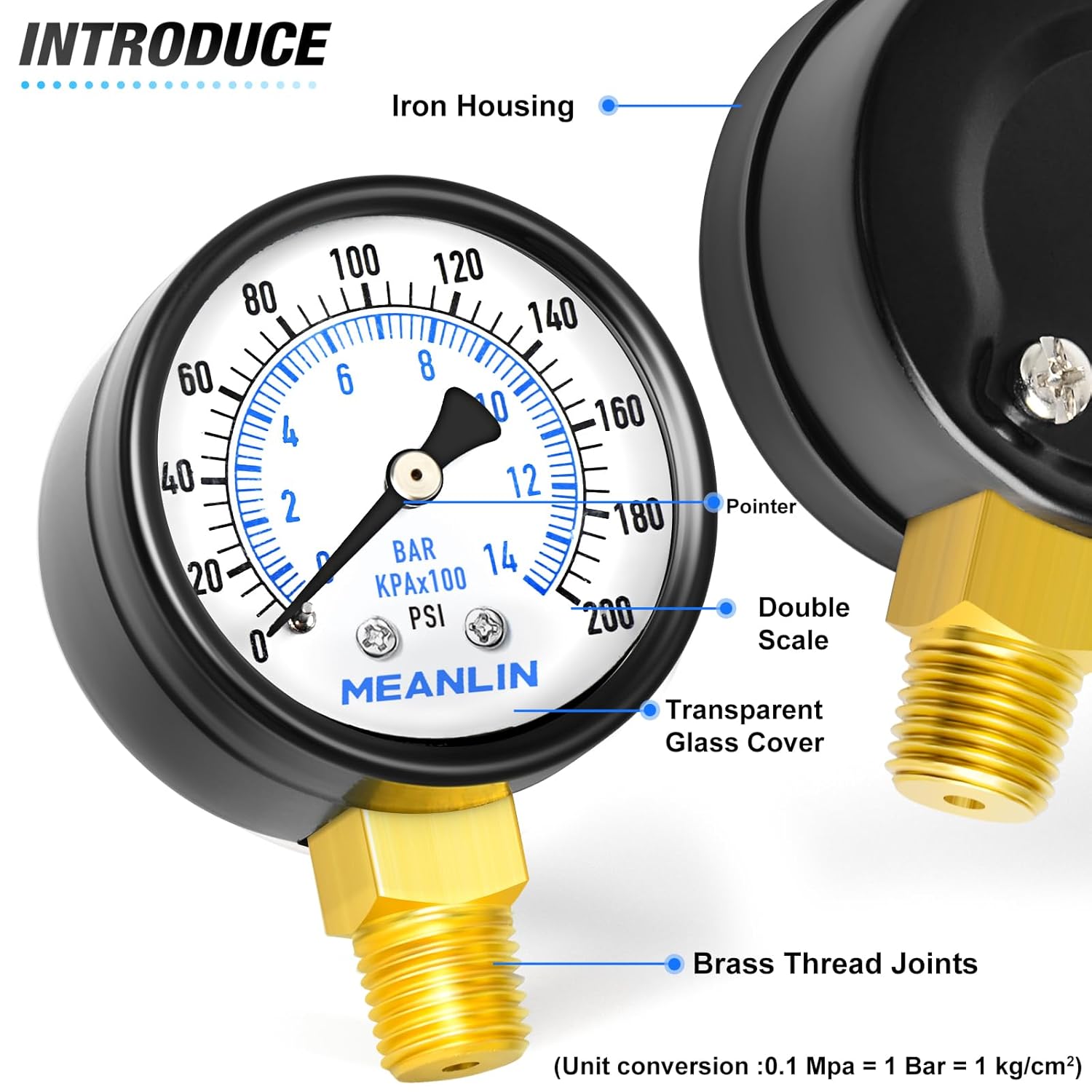 MEANLIN MEASURE 0-200Psi Well Pump Pressure Gauge 1/4" NPT 2" FACE DIAL for Air Compressor Air Regulator Water Filter Lower Mount, with Teflon Tape